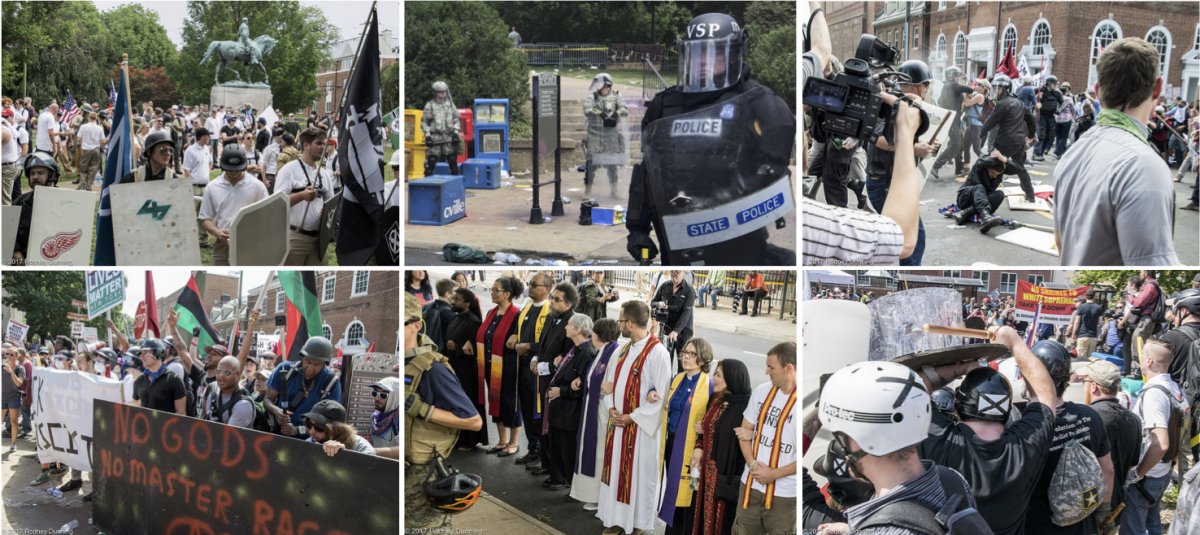 On the top left, assorted alt-right groups in front of Charlottesville’s statue to Robert E. Lee during the Unite the Right rally. At the top center, Virginia National Guard soldiers and Virginia State Police in the aftermath of the rally. On the top right, protesters and counter-protesters clashing during the rally. On the bottom left, counter-protesters at the rally. At the bottom center, clergy and other counter-protesters linking arms against protesters during the rally. On the bottom right, protesters and counter-protesters squaring off at the rally.