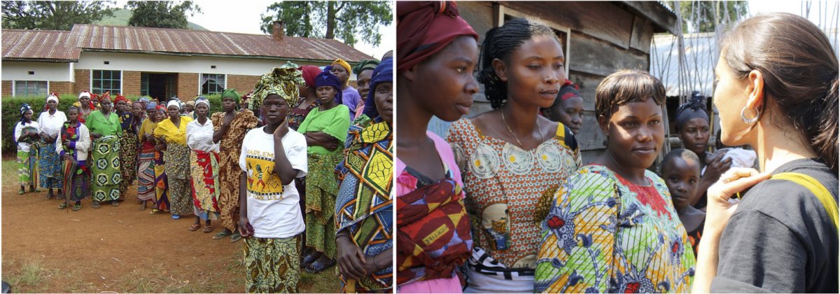 On the left, a meeting for rape victims. On the right, Congolese women speaking with the International Rescue Committee’s gender-based violence program coordinator.