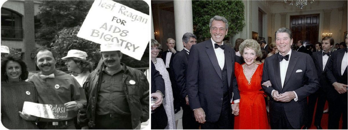 On the left, Congresswoman Nancy Pelosi at the Second National March on Washington for Lesbian and Gay Rights. On the right, Rock Hudson, Nancy Reagan, and President Ronald Reagan.