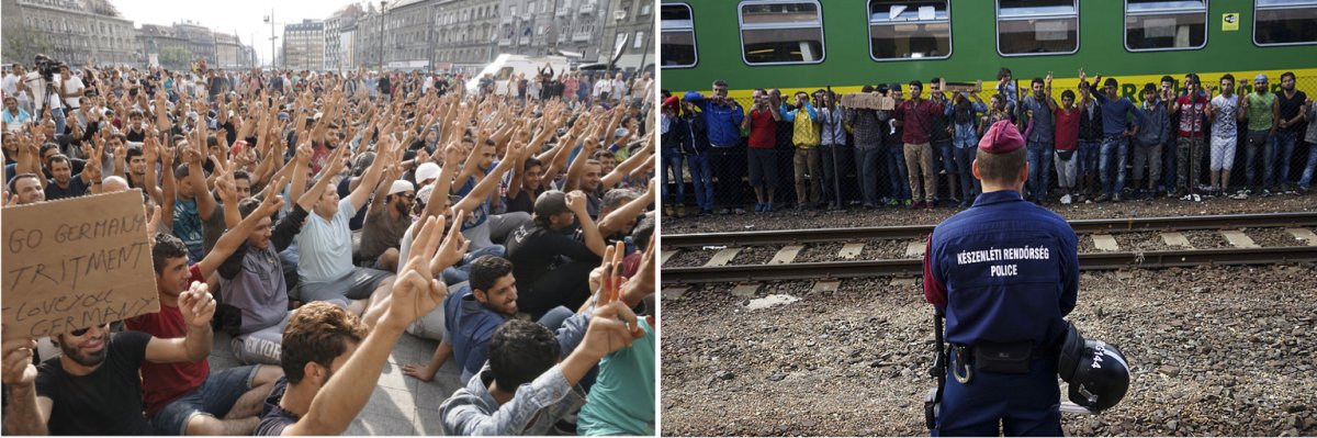 On the left and right, Syrian refugees during a 2015 hunger strike in Budapest.