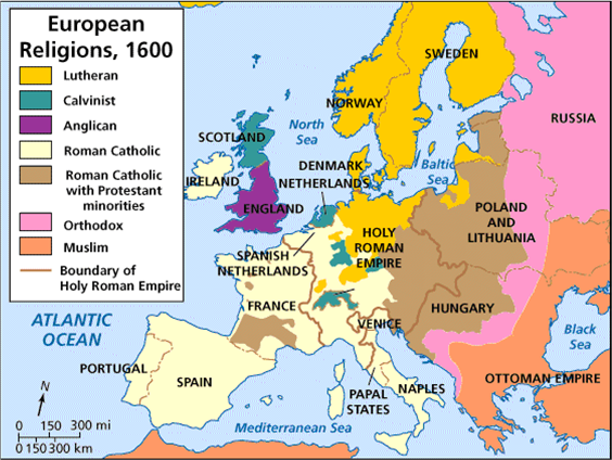 Map showing religious groups in Europe around 1600.