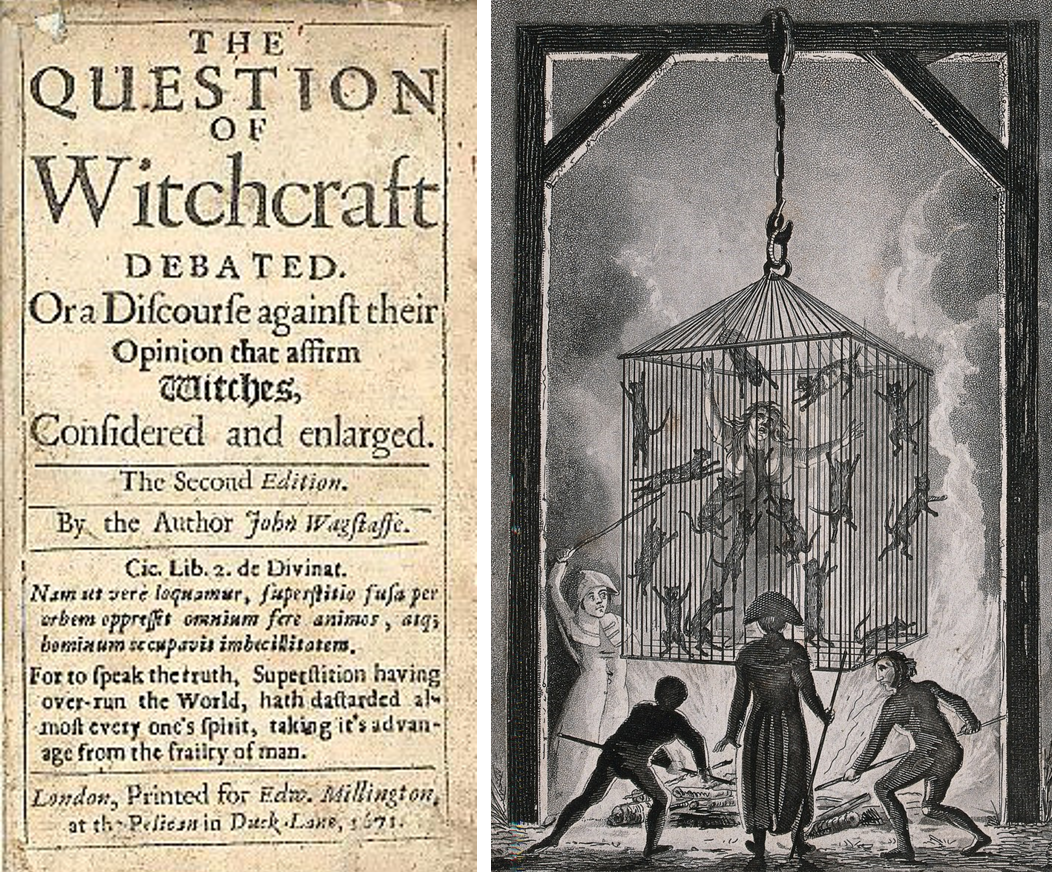 On the left, the cover the second edition of John Wagstaffe’s The Question of Witchcraft Debated. On the right, a depiction of the burning of Louisa Mabree.