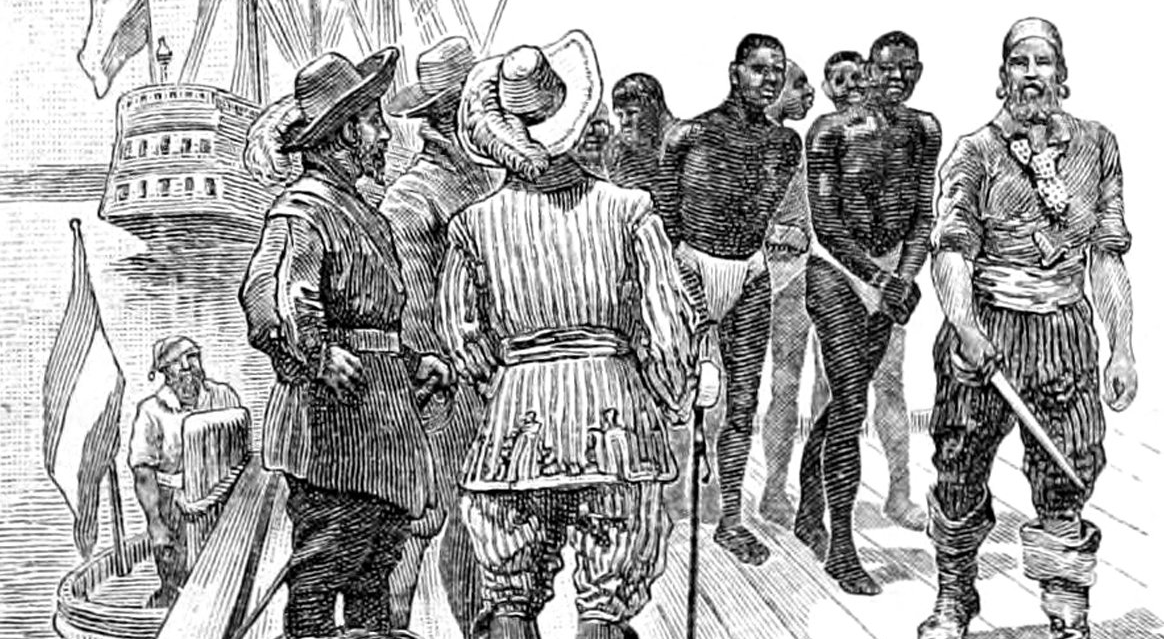 An illustration depicting the first slaves brought to Virginia in 1619.