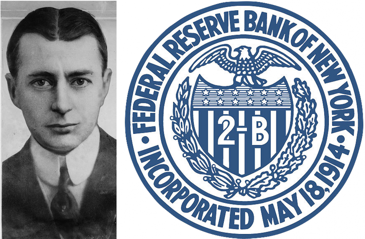 On the left, Benjamin Strong Jr. On the right, the seal of the Federal Reserve Bank of New York.