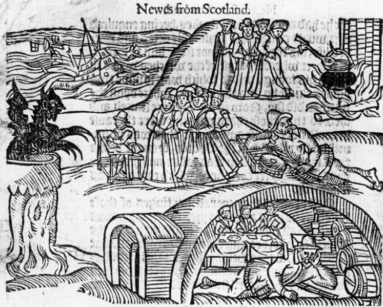 A sixteenth-century woodcut depicting the famous North Berwick Witch Trials of 1590.