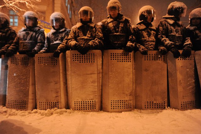 Riot police officers in Kyiv.