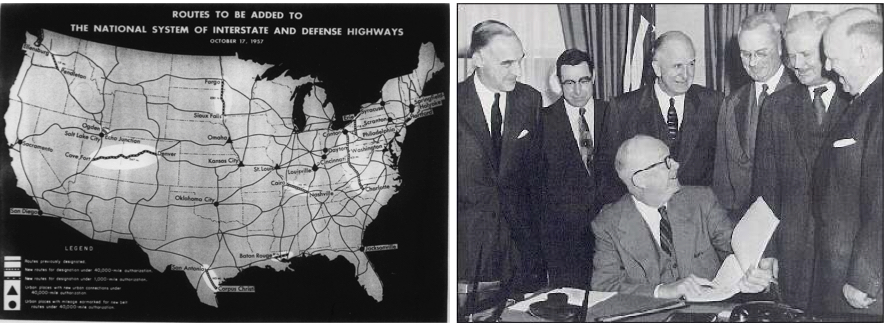 On the left, a 1957 map depicting the routes to be added to the National System of Interstate and Defense Highways. On the right, President Dwight D. Eisenhower discussing plans for the interstate highway in 1955.