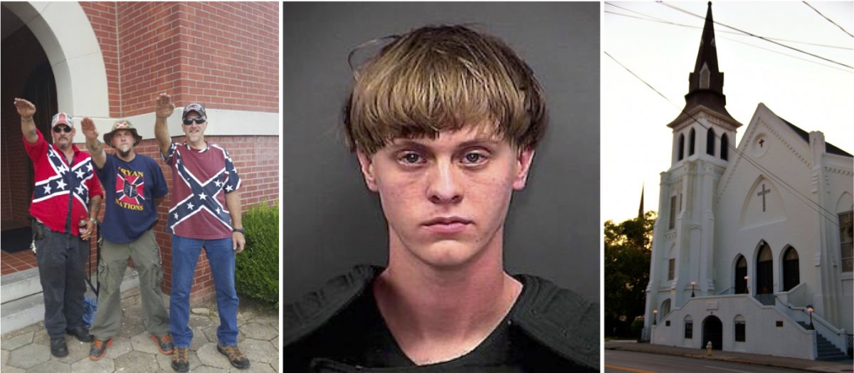 On the left, members of Aryan Nations. In the middle, Dylann Roof, a self-proclaimed white supremacist and neo-Nazi. On the right, Emanuel African Methodist Episcopal Church.