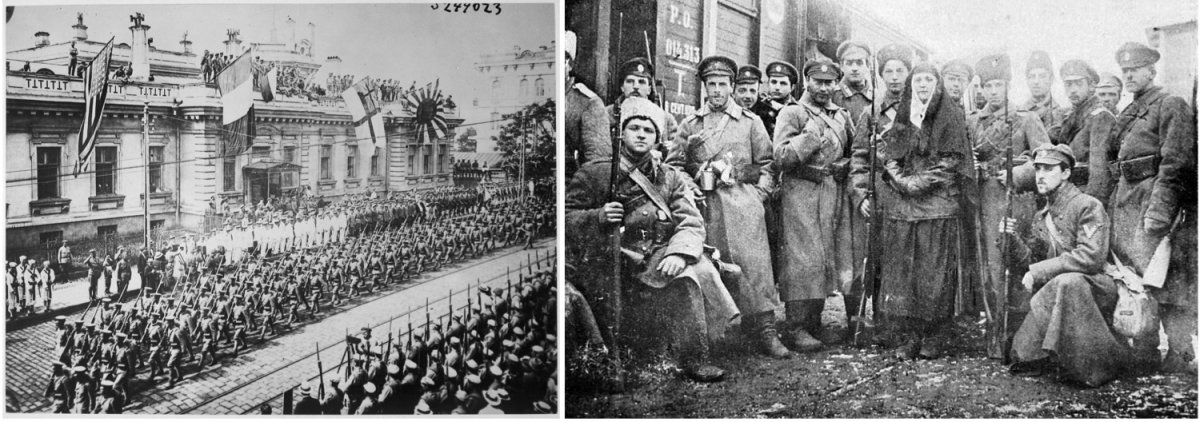 Soldiers from allied countries in Vladivostok, Russia during the Civil War in 1918 (left). Anti-Bolshevik Volunteer Army in South Russia in January 1918 (right).