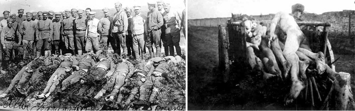 Czech legionaries killed by Bolsheviks at Nikolsk-Ussurlysky in 1918 (left). Russians who perished during the famine of 1921 (right).