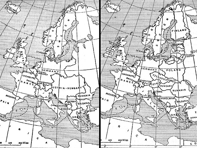 The map on the left shows Europe at the start of World War I while the one on the right shows it afterward.