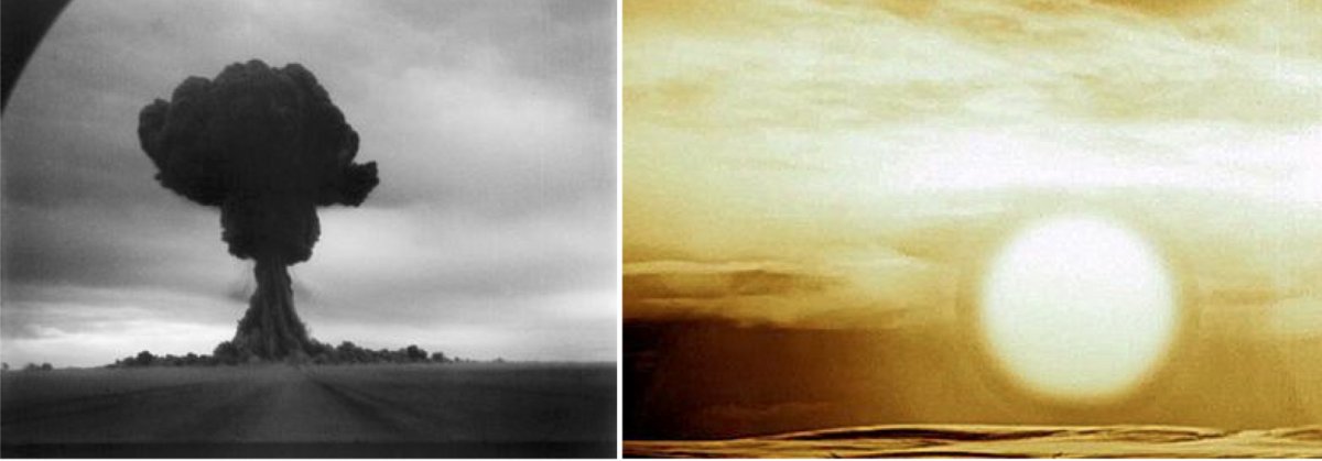 On the left, the mushroom cloud from the first Soviet test of an atomic weapon. On the right, the Soviet Union tested the most powerful nuclear weapon ever created in 1961.