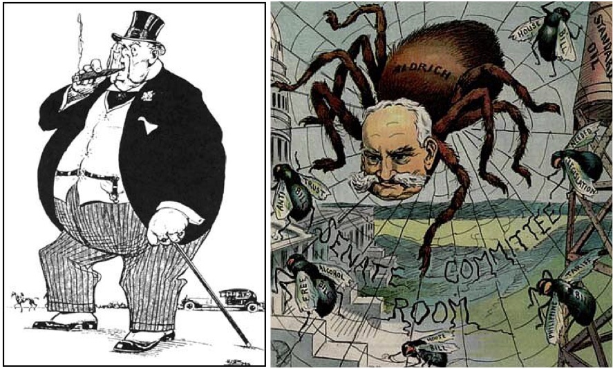 On the left, a 1925 cartoon of a 'fat cat.' On the right, a 1906 cartoon depicting Senator Nelson Aldrich as a spider.