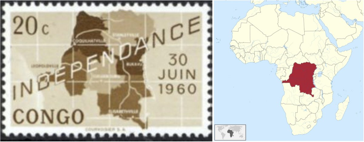 On the left, a stamp commemorating the Democratic Republic of the Congo’s independence. On the right, a map of the Congo.