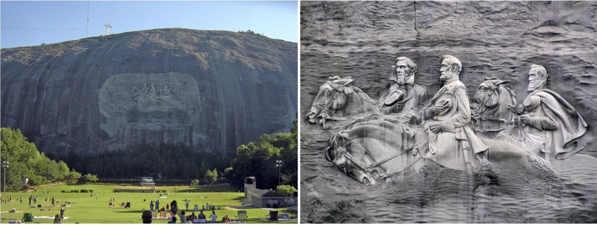 On the left, a view of the carvings on Stone Mountain, the visitor center, and the surrounding park. On the right, a close-up of the carving on Stone Mountain featuring Jefferson Davis, Robert E. Lee, Stonewall Jackson, and their favorite horses.