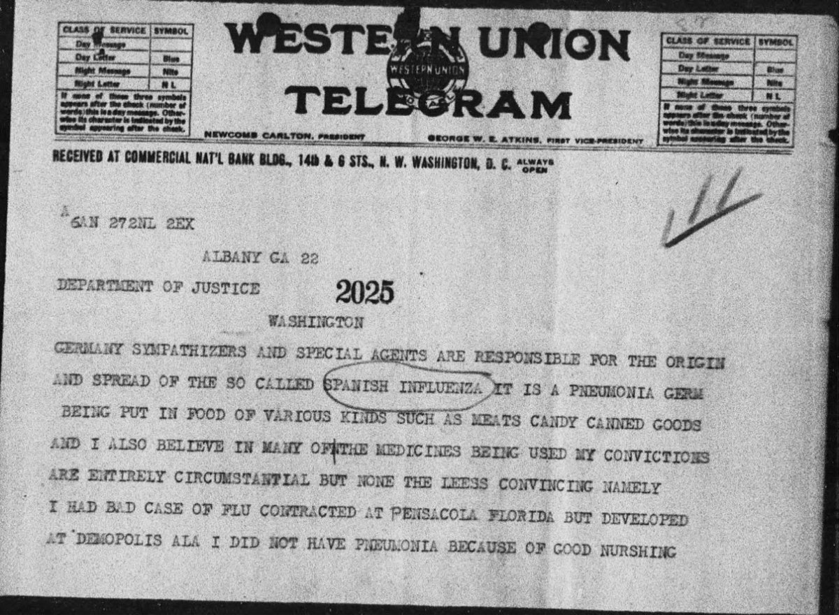 An October 25, 1918 telegram to the Department of Justice.