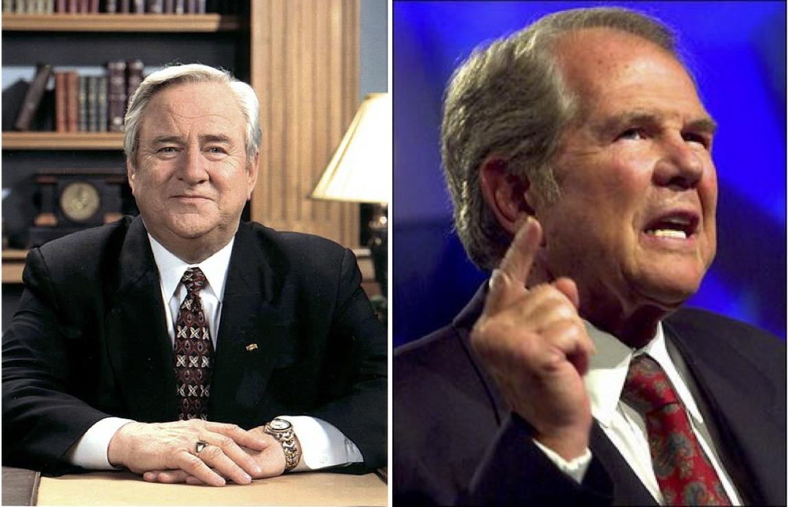 On the left, Jerry Falwell. On the right, Pat Robertson.