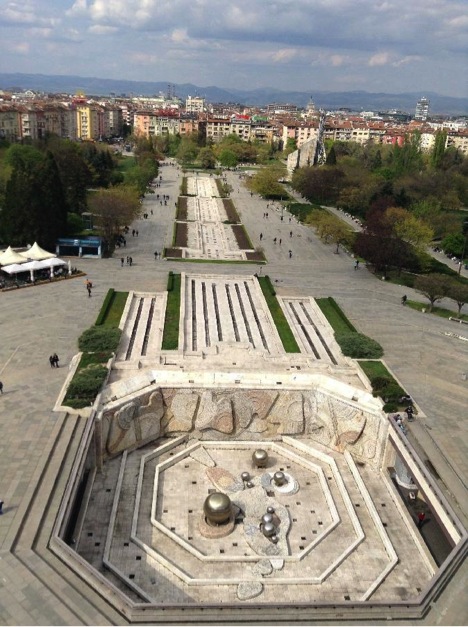 View of the 1300 Years Bulgaria Monument from the top floor of NDK.