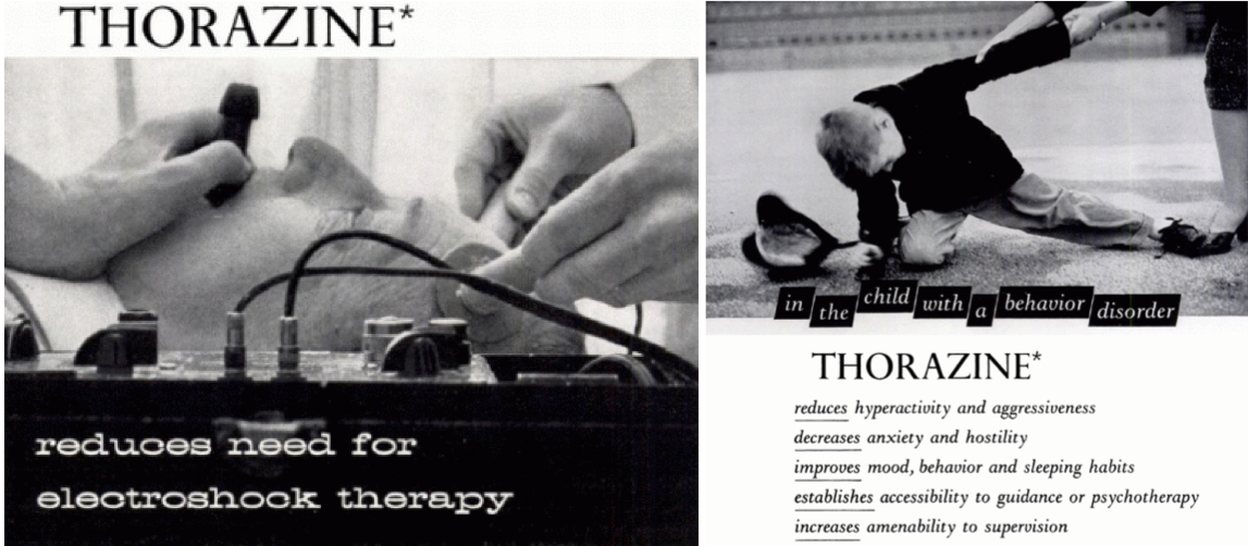 1955 and 1956 advertisements for the antipsychotic drug Thorazine in 'Mental Hospitals' magaine.