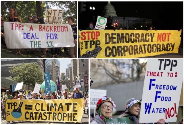 On the top left, a 2012 protest against the TPP. On the top right, a  2015 protest against the TPP. On the bottom left, opposition to the TPP at the March for Clean Energy Revolution in Philadelphia. On the bottom right, a 2014 protest in Seattle, Washington.