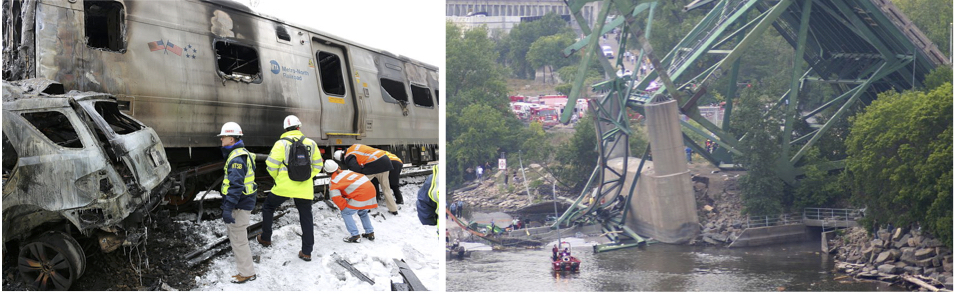 On the left, workers survey the damage after a commuter train crashed into a passenger car near Valhalla, NY in 2015. On the right, the Minneapolis I-35 Bridge after collapsing in 2007.