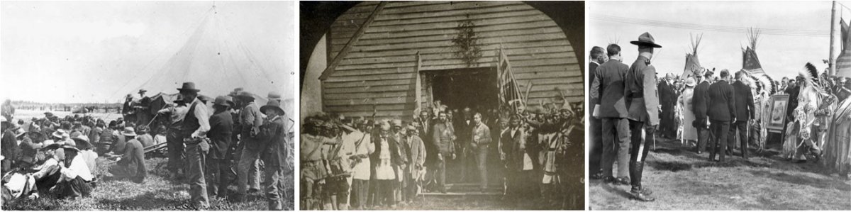 On the left, the Canadian Minister of the Interior explaining the terms of Treaty #8, an agreement between Queen Victoria and various First Nations of the Lesser Slave Lake area over land and entitlements, in 1899. In the middle, Prince Arthur at the Mohawk Chapel in Brantford, Ontario with the Chiefs of the Six Nations in 1869. On the right, Nakoda chieftains meeting with King George VI and Queen Elizabeth II in Calgary in 1939.