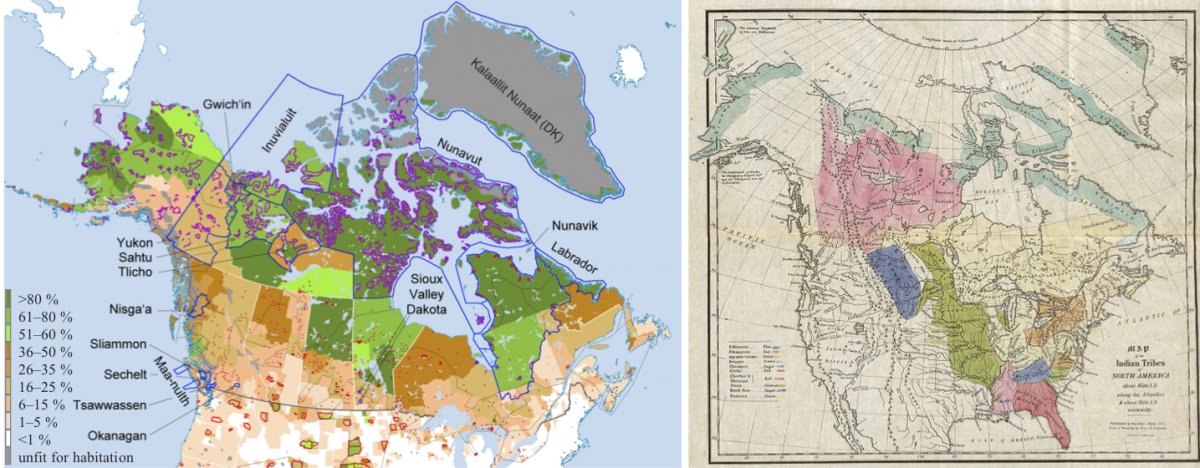 On the left, a map of the population density of indigenous people at the start of the 21st century. On the right, an 1836 map depicting the estimated areas of First Nation tribes in the 1600s