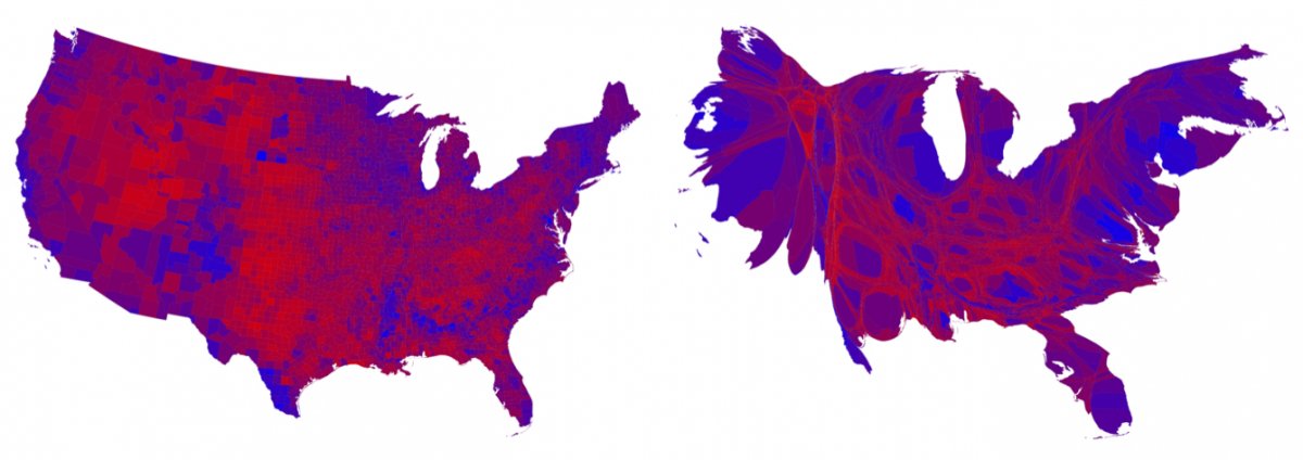 Two maps of the U.S. with the popular vote from the 2012 election.