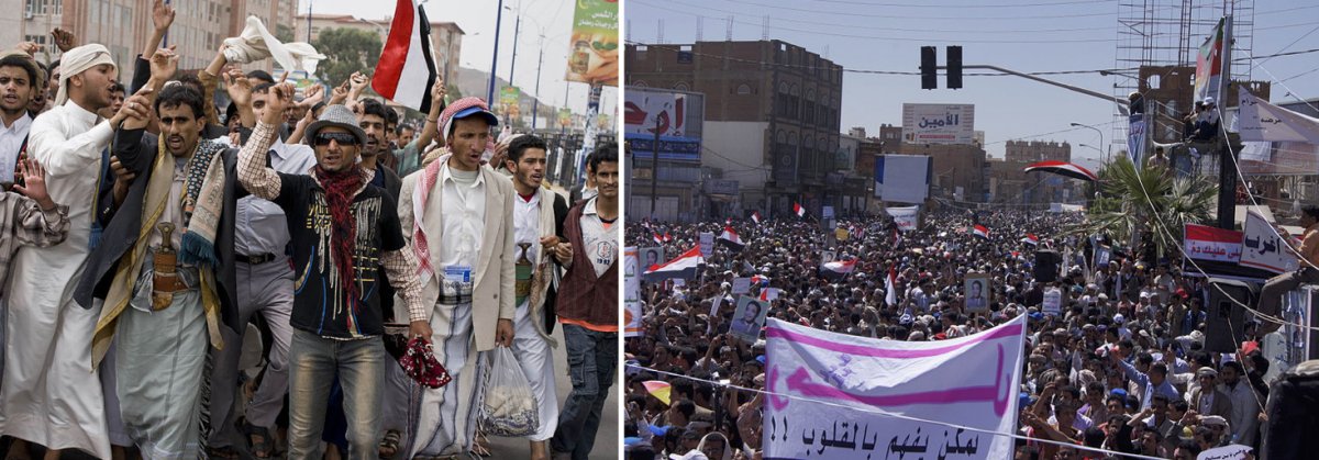 On the left, Yemeni protesters in August 2011. On the right, protesters marching to Sana’a University in March 2011.