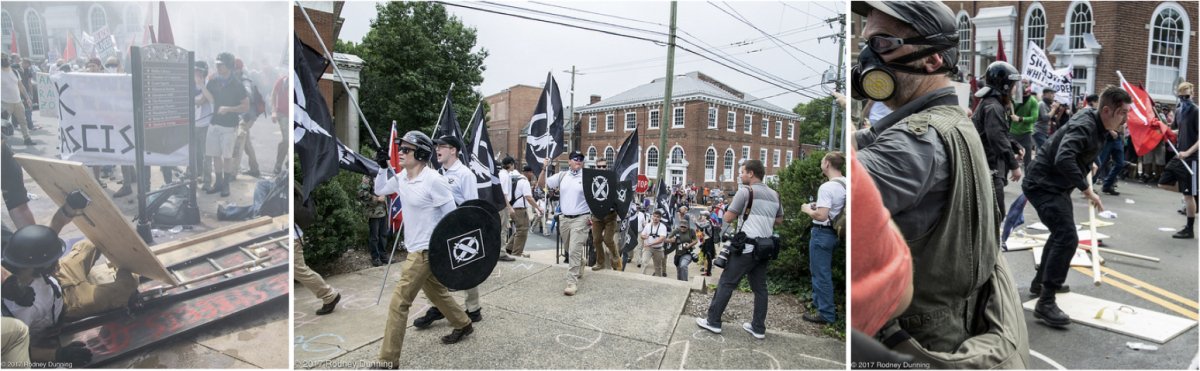 On the left, violence at the Unite the Right rally in Charlottesville, VA on August 12, 2017. In the middle, members of the white supremacist organization National Vanguard at the rally. On the right, protesters and counter-protesters clashing at the rally.