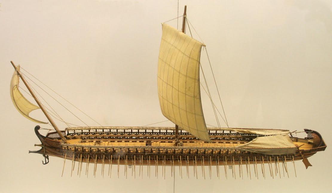 Model of a trireme, the main fighting ships of the Greek navies of the Classical Age and beyond.