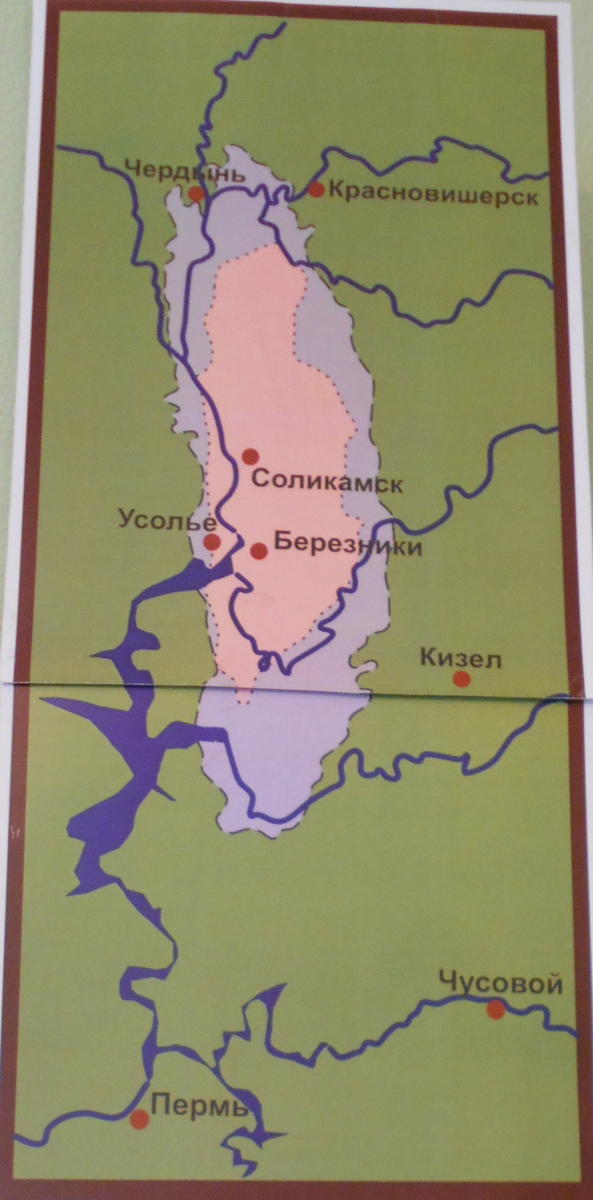 The geographic distribution of salt (purple) and potassium salts (pink) in the upper Kama region.