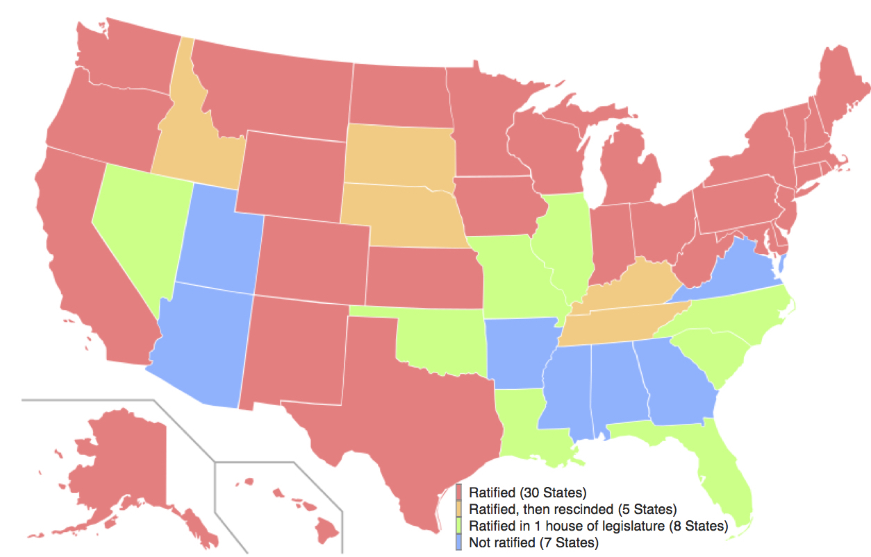 A map of the states that had ratified the Equal Rights Amendment as of 2007.