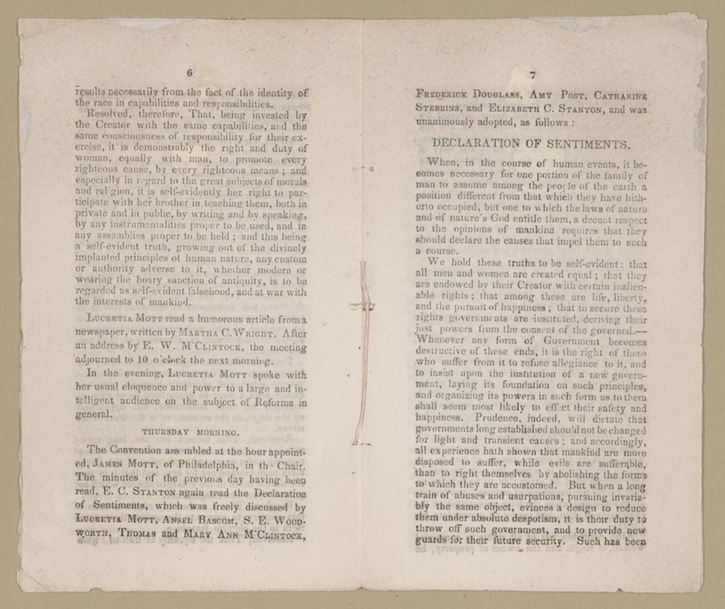 'Declaration of Sentiments' from Report of the Woman’s Rights Convention, held at Seneca Falls, NY, July 19-20, 1848.