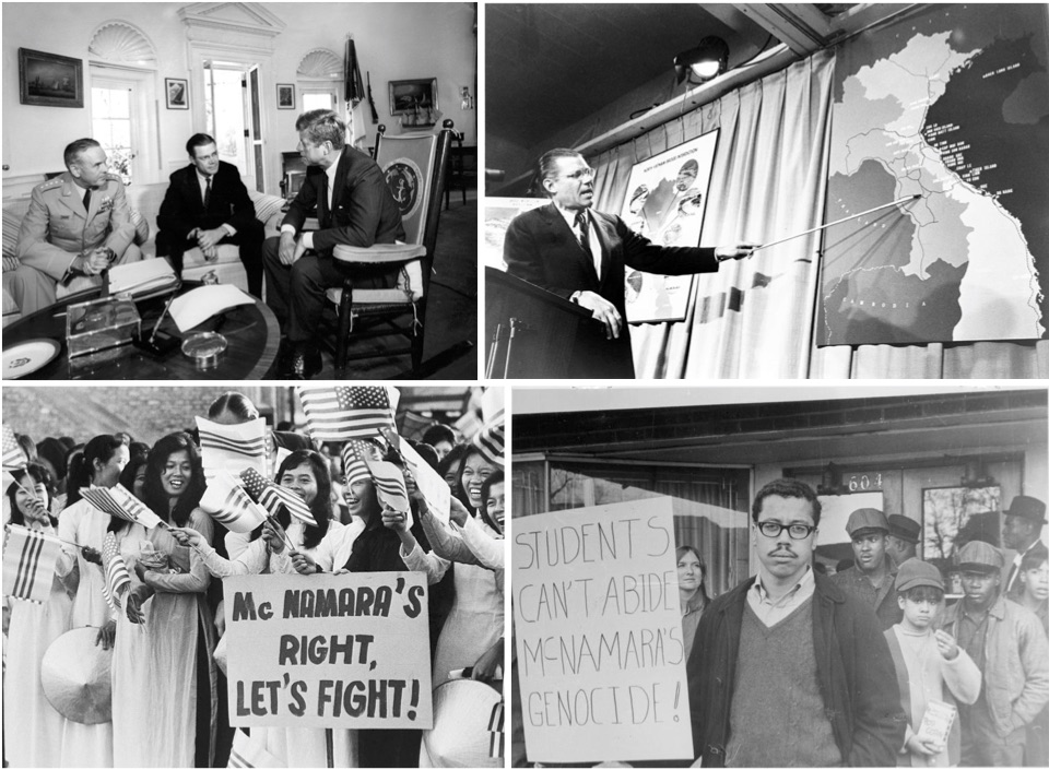 On the top left, President John F. Kennedy with Maxwell D. Taylor and Robert McNamara. On the top right, McNamara lecturing on Vietnam. On the bottom left, South Vietnamese women welcoming McNamara to Saigon. On the bottom right, opponents of the Vietnam War demonstrating against McNamara.