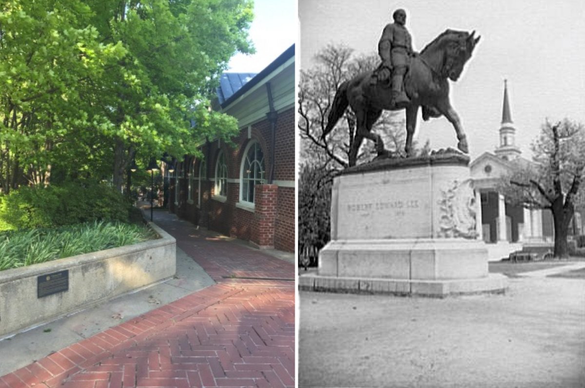 On the left, a small plaque remembering the once-vibrant black neighborhood of Vinegar Hill in Charlottesville, VA. On the right, the city's monument to Robert E. Lee in the 1920s.