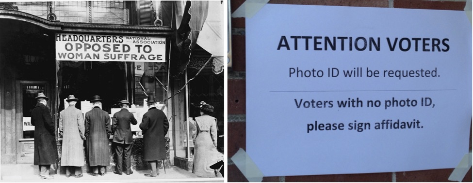 On the left, men looking at the window display of the National Anti-Suffrage Association. On the right, a sign warning of the photo ID requirements to vote.