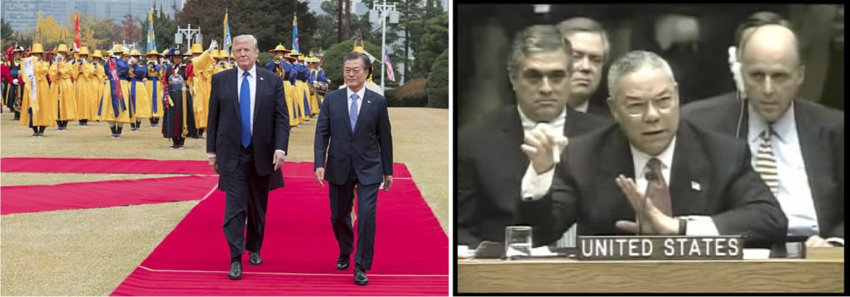 On the left, President Trump and South Korean President Moon Jae-in. On the right, U.S. Secretary of State Colin Powell holding a vial of anthrax.