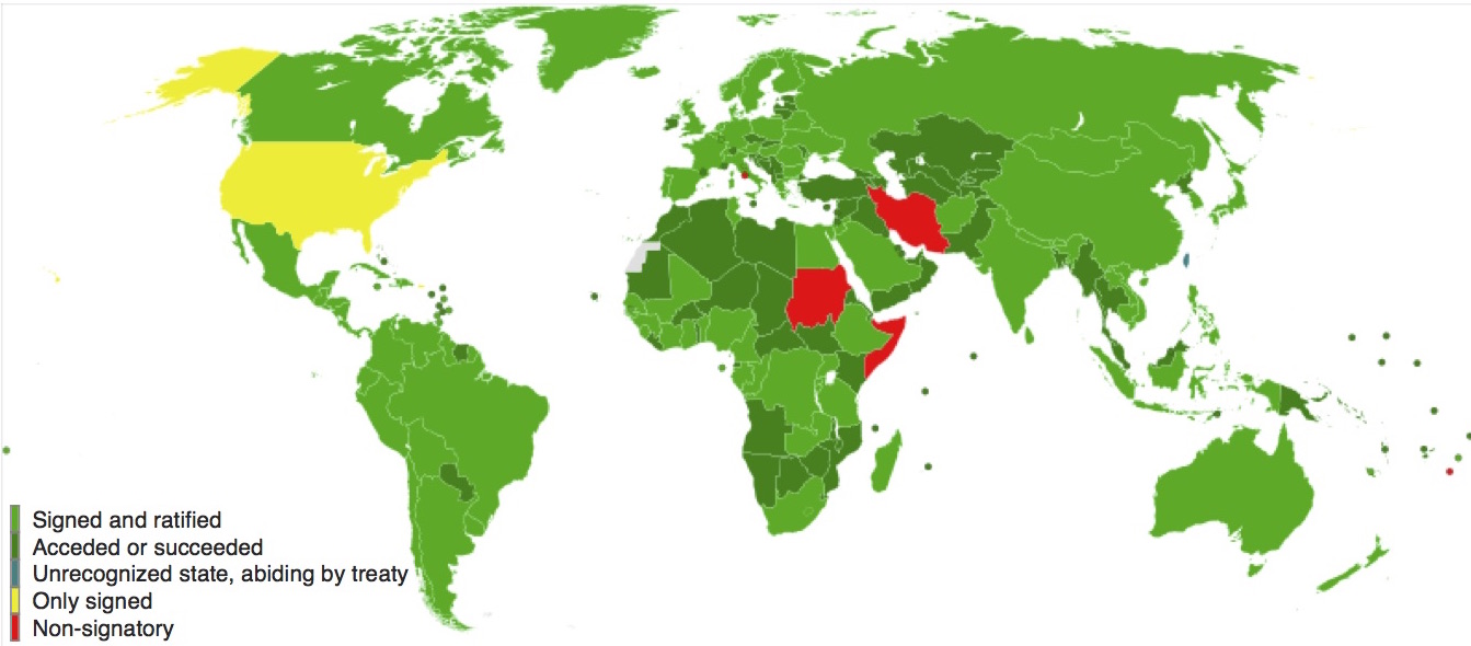 A map depicting participation in the Convention on the Elimination of All Forms of Discrimination Against Women.