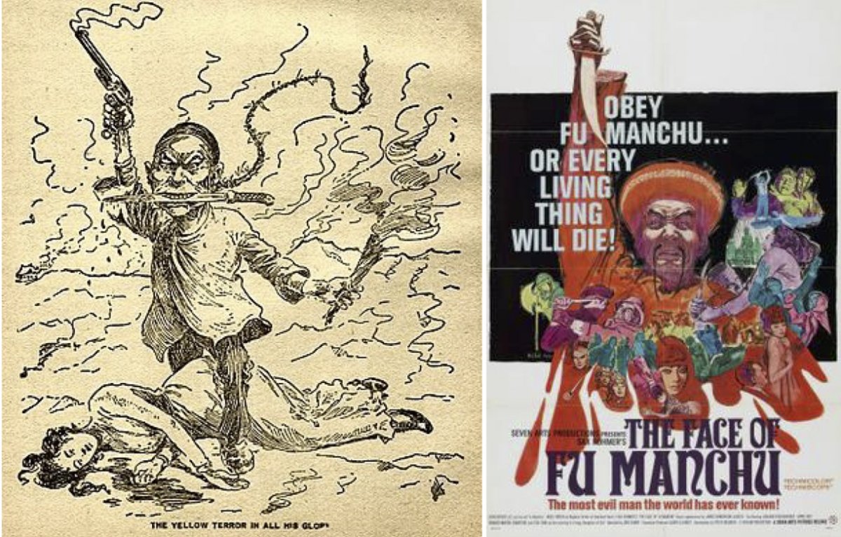 On the left, an 1899 cartoon of a Chinese man standing over a fallen white woman. On the right, a movie poster for The Face of Fu Manchu.