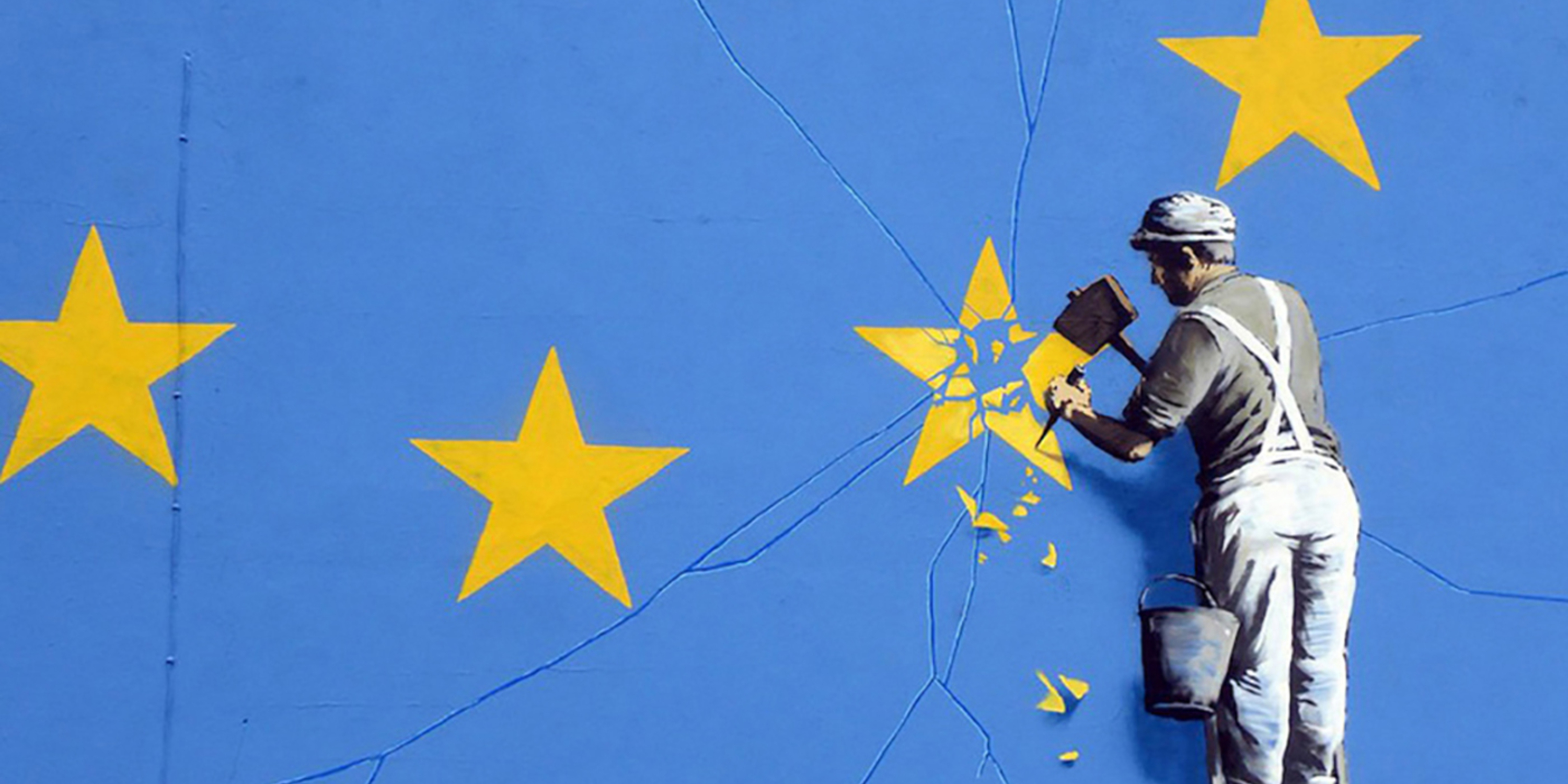 Banksy mural of worker chipping star off EU flag