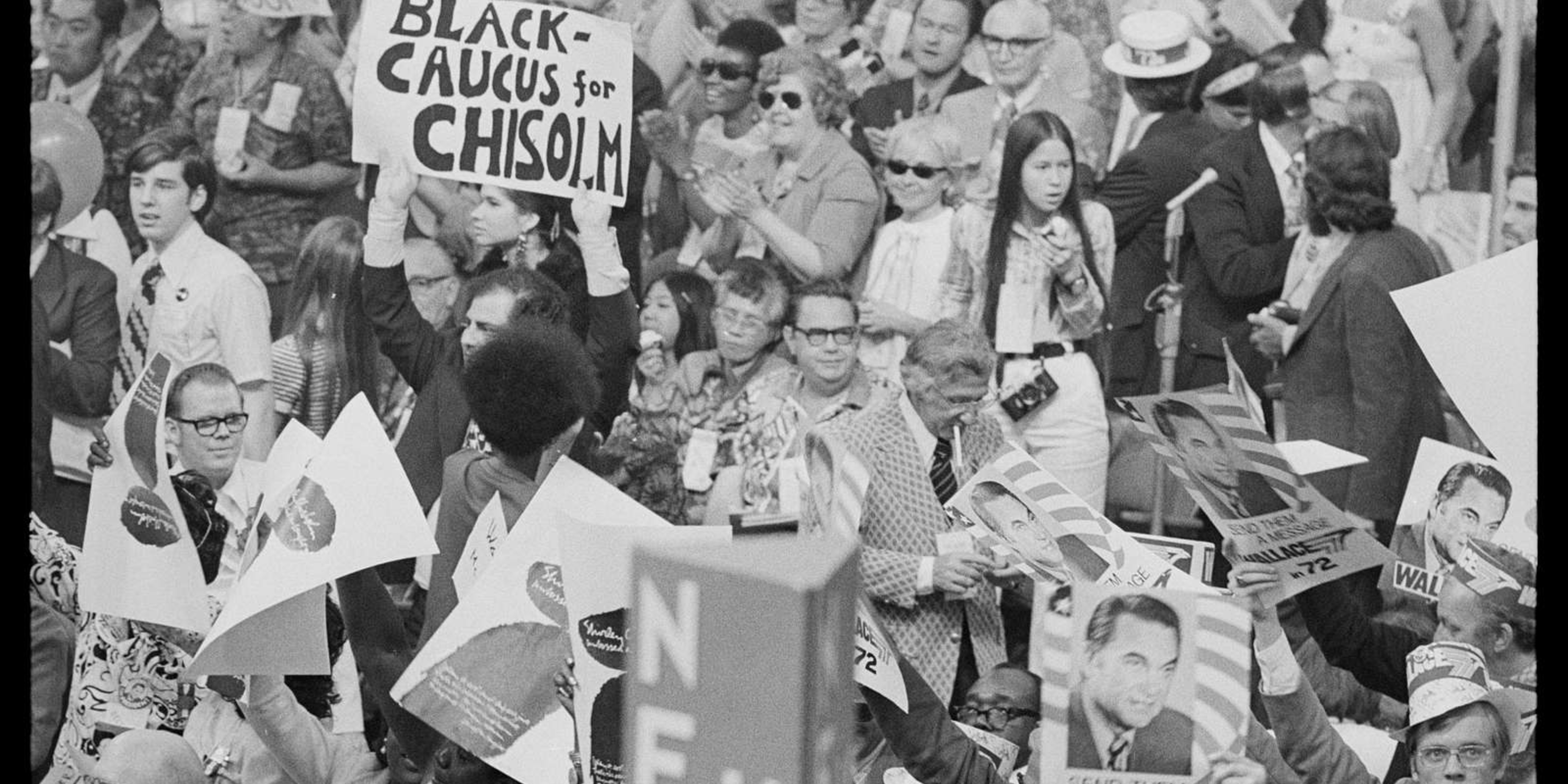 Crowd with sign: "Black Caucus for Chisholm"
