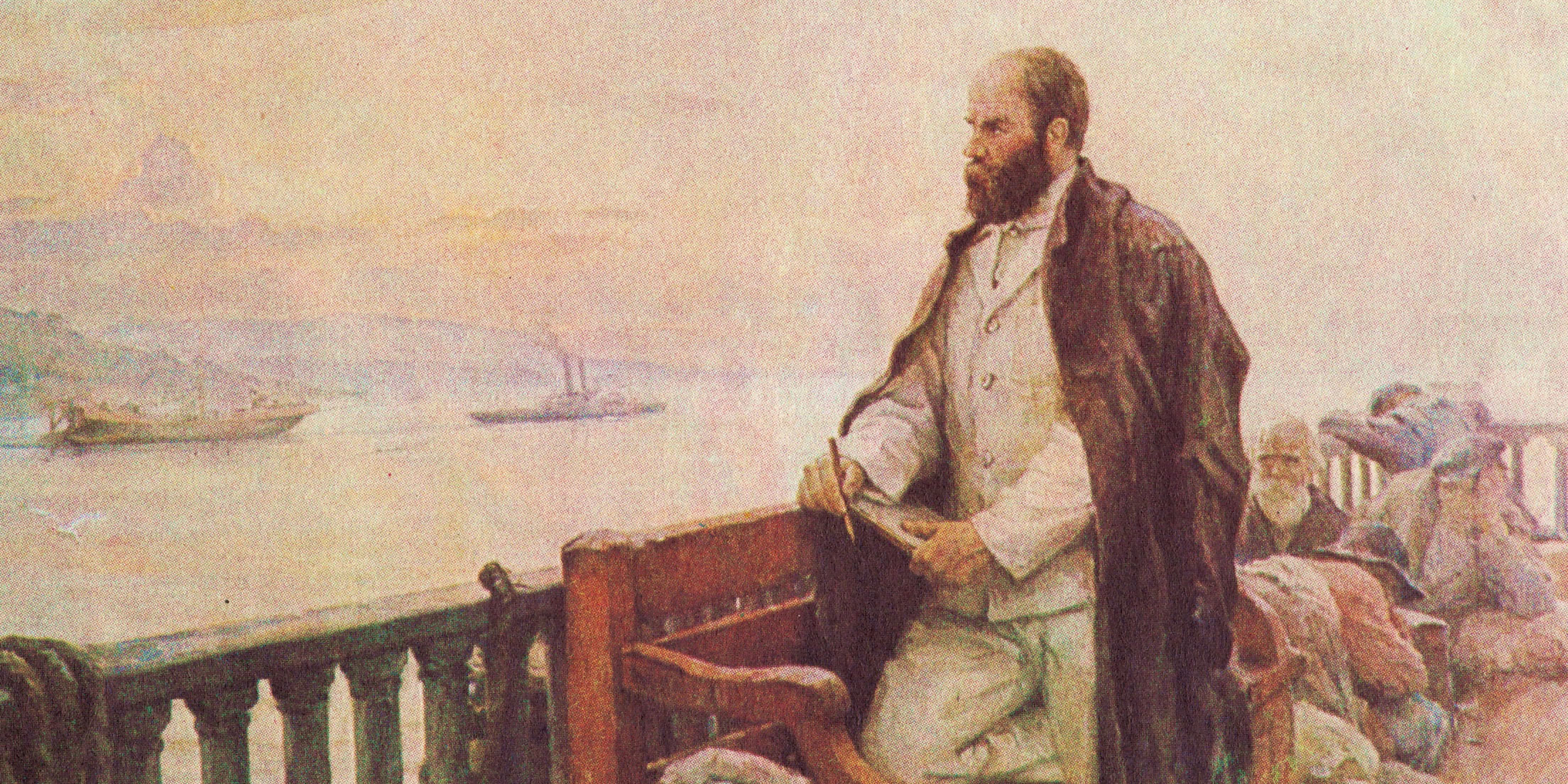 portrait of Shevchenko by Ukrainian artist Ilia Shulha, titled Taras Shevchenko Returning from Exil by Boat.
