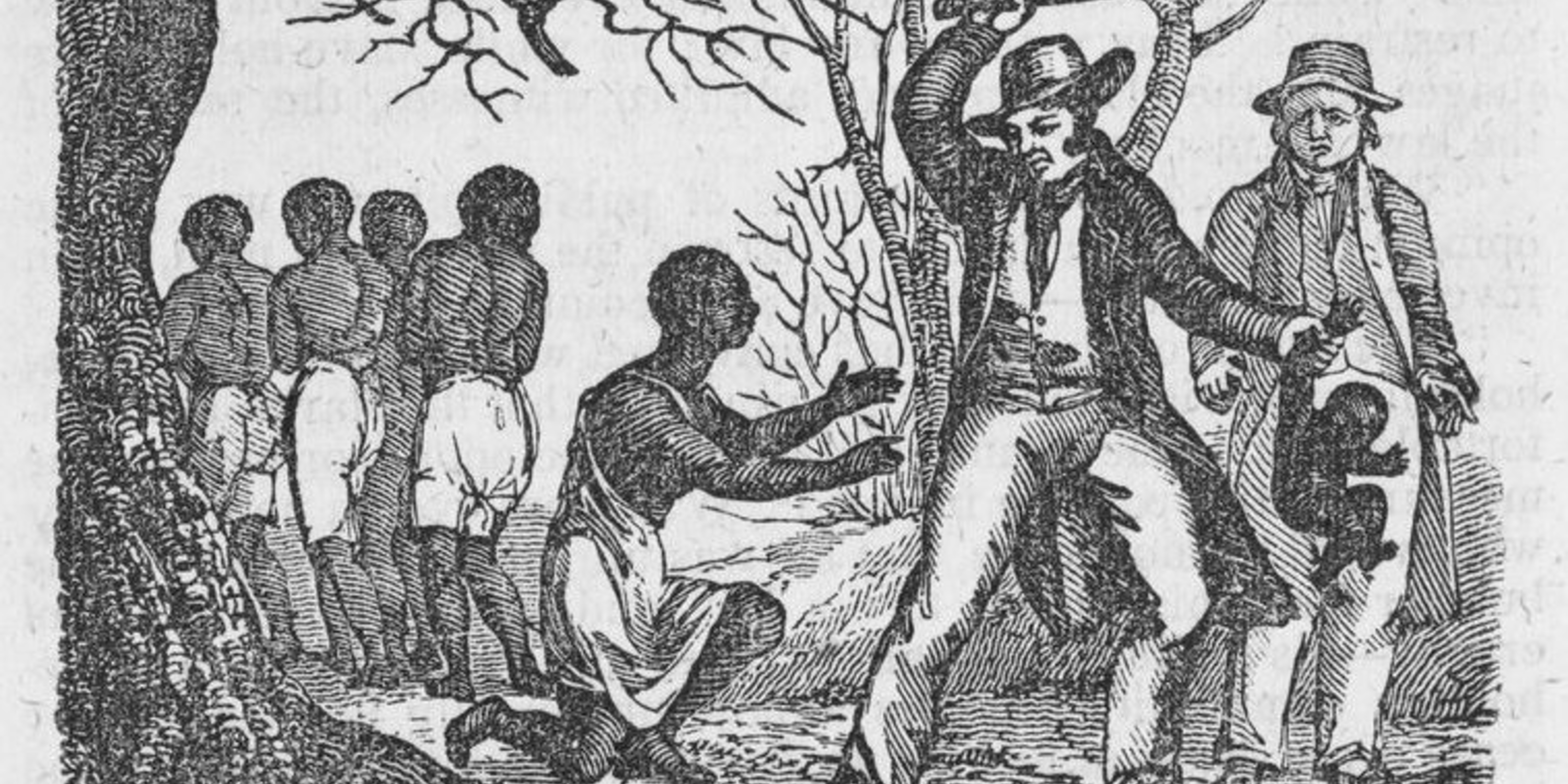 A slave owner holding a baby and a whip and a group of slaves
