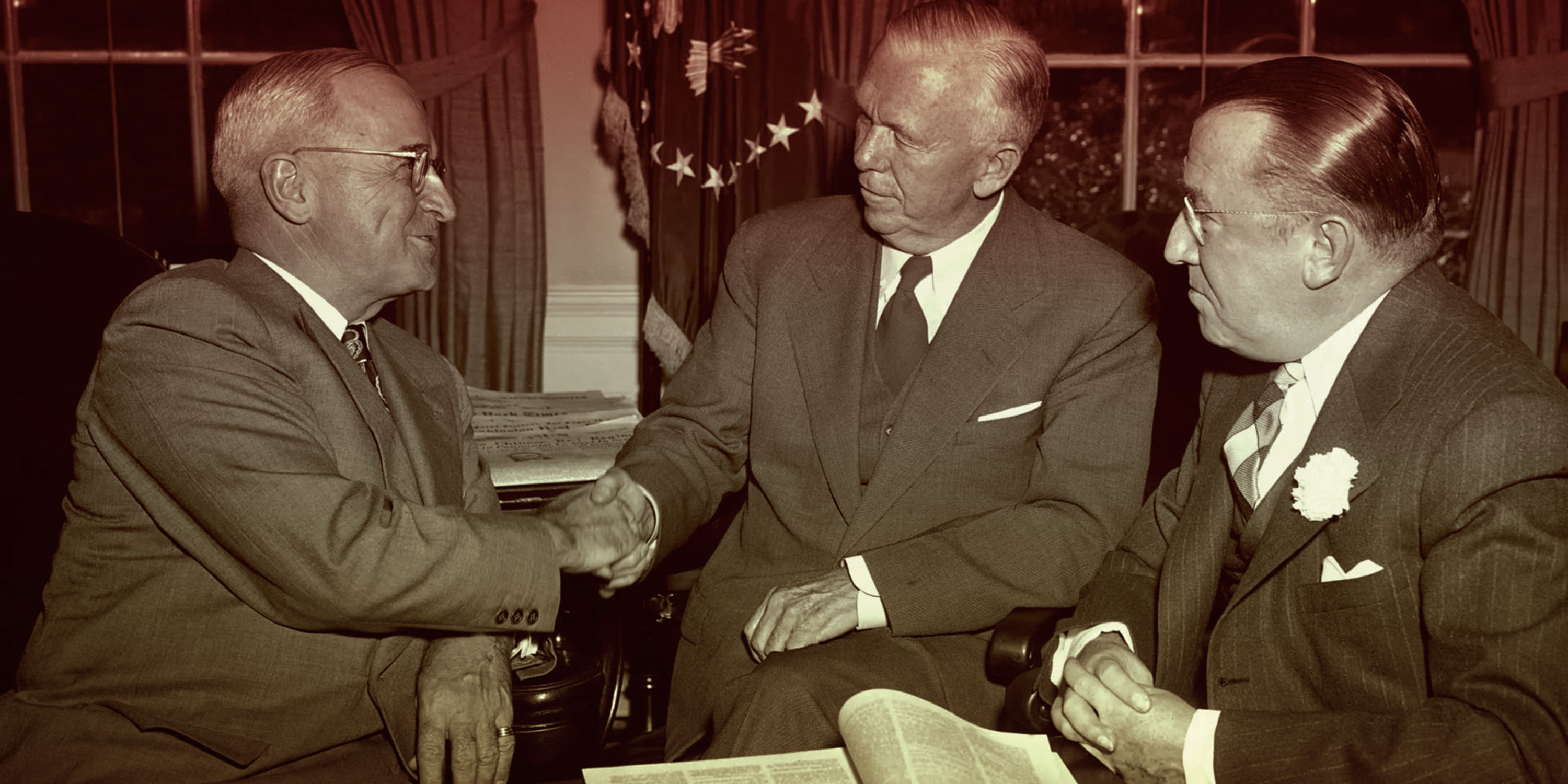 resident Harry Truman, left, congratulates Gen. George Marshall (architect of the Marshall Plan) , Fair Use via AP