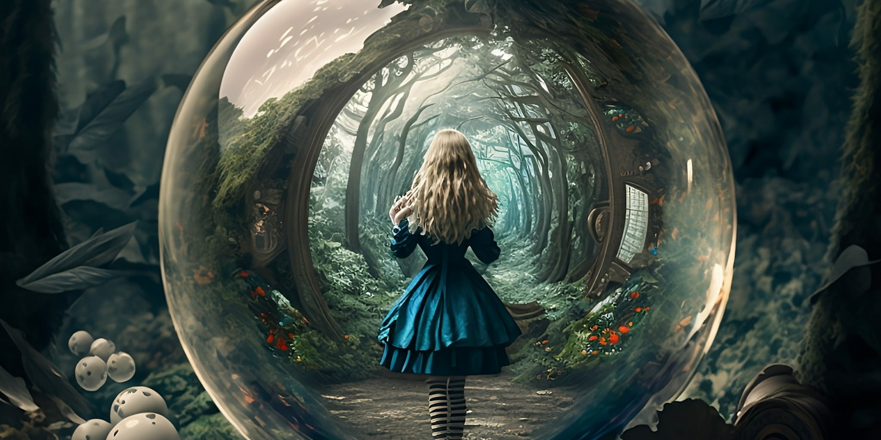 Alice standing inside a clear bubble in a forest with mushrooms around the bubble