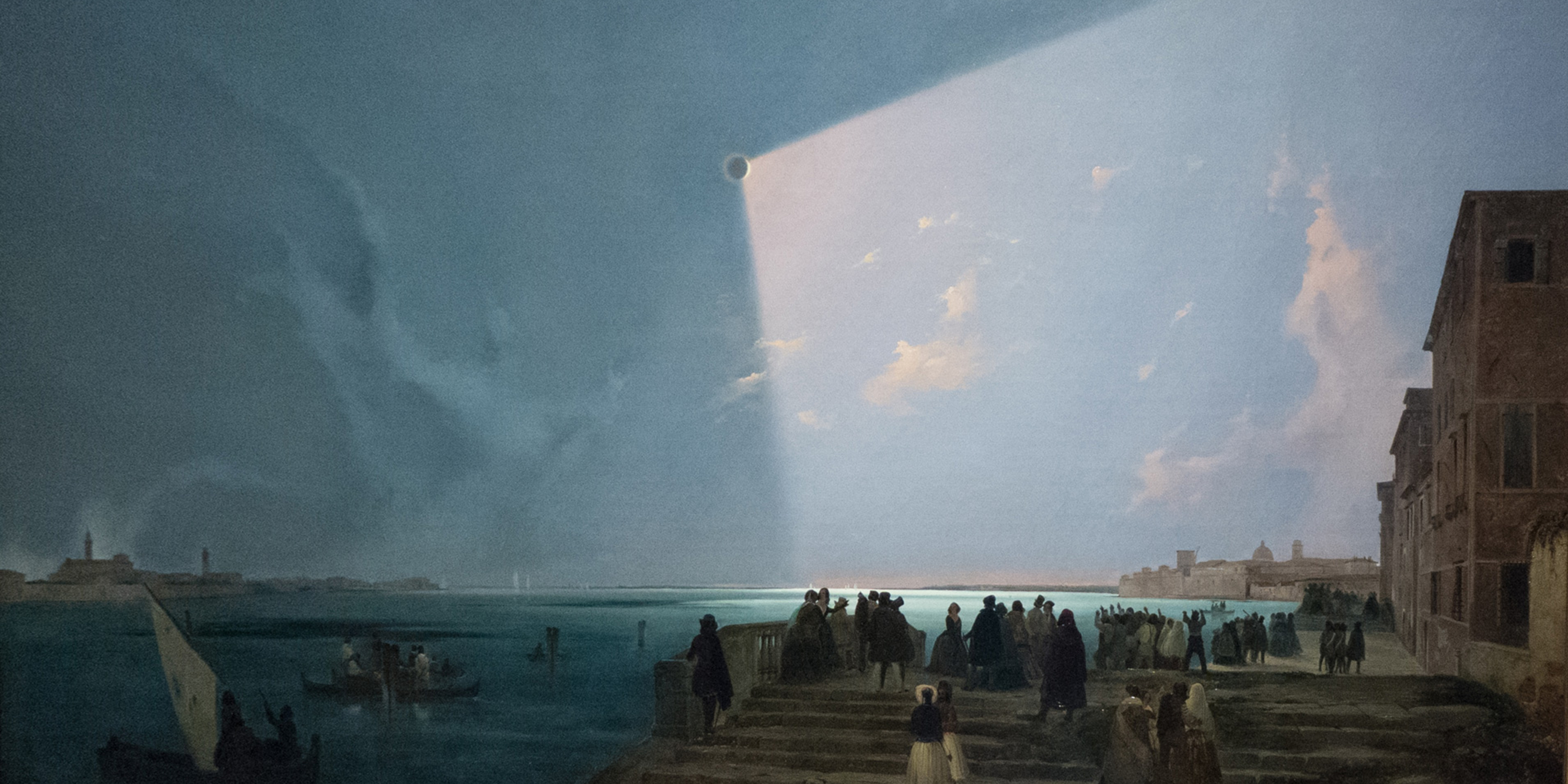 Ippolito Caffi's Eclisse di sole alle Fondamenta, Nove 1842, a solar eclipse and people standing on a shore looking up at it