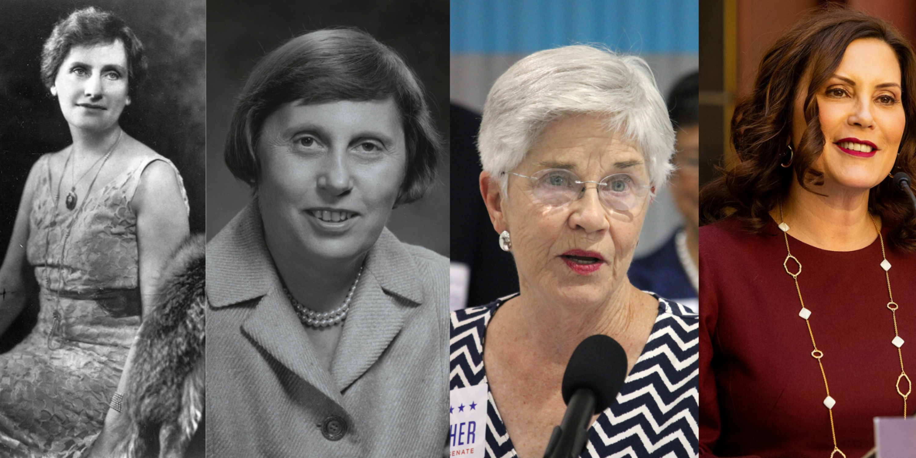 Female governors left to right, Nellie Tayloe Ross, Ella T. Grasso, Kay Orr, and Gretchen Whitmer. 