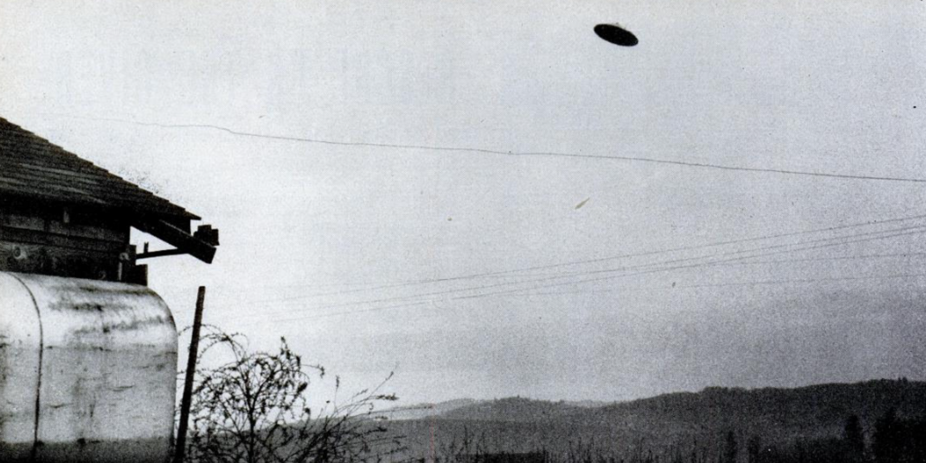 One of the McMinnville UFO photographs. Skeptics have concluded that the UFO was a small model suspended by wires or string from the power lines visible at the top of the photo.