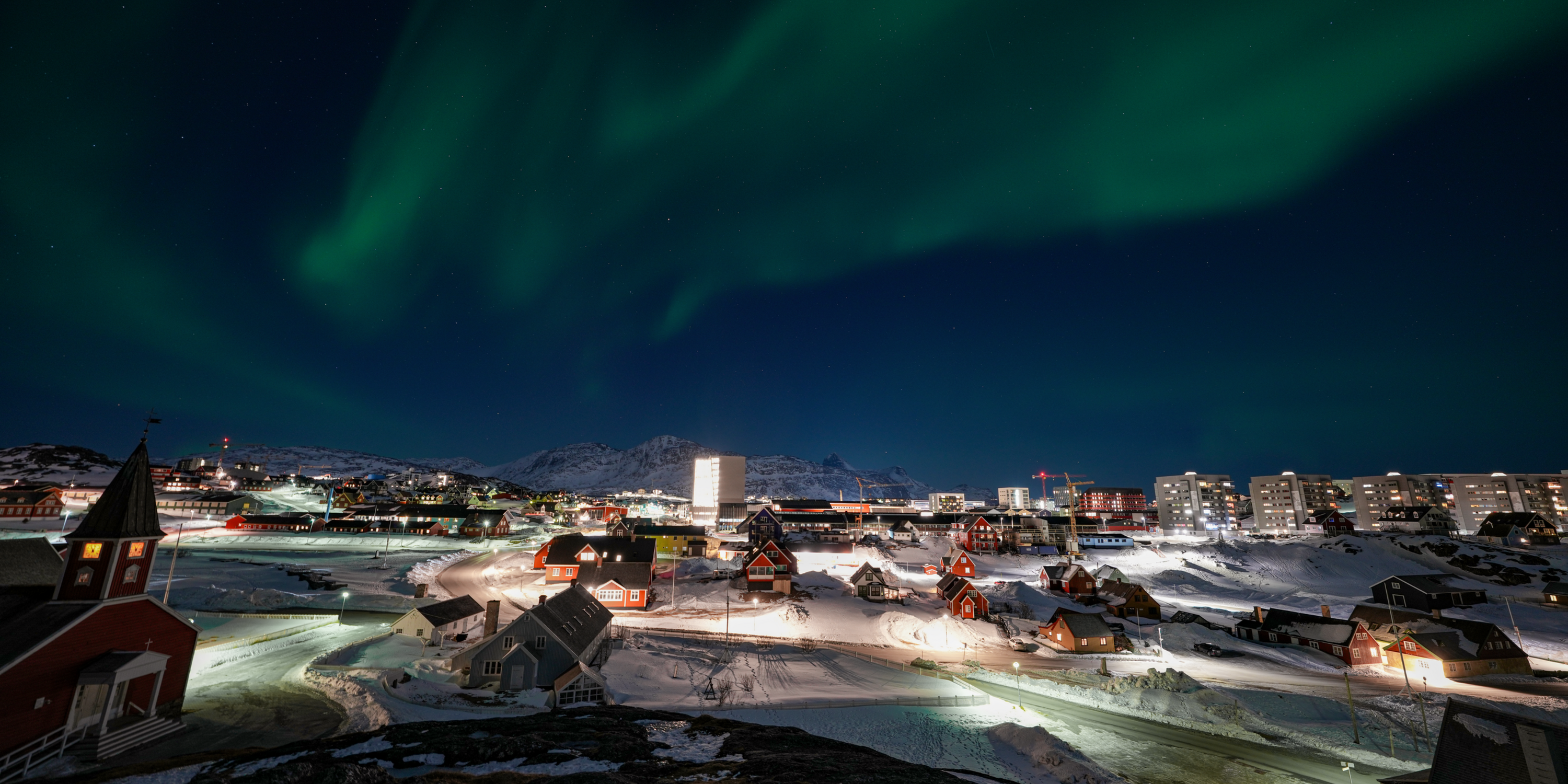 Nuuk, Greenland skyline with the aurora borealis.